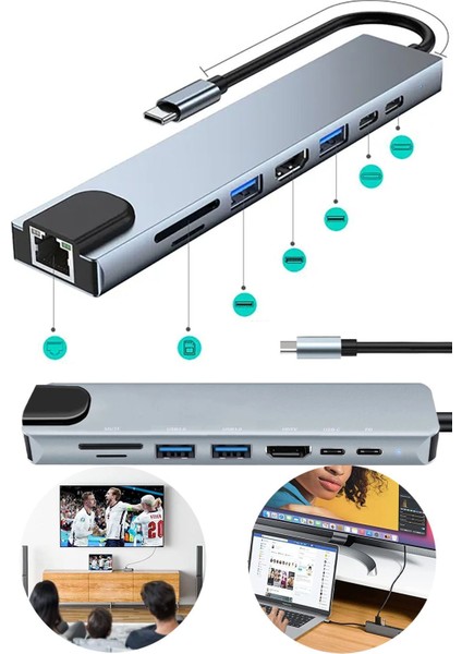 Type C Den 8 Girişe Dönüştüren Laptop Için RJ45 Lan Usb-C USB 3.0 Hdtv Pd Usb/c Sd Tf Çevirici Sw-81 indirimleri