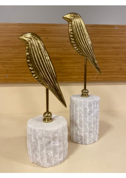 Dekoratif 2'li Mermer Üzeri Pirinç Kuş Obje Antik Altın