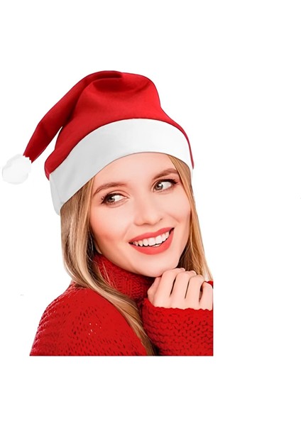 Noel Baba Şapkası - Yetişkin Yılbaşı Şapkası- Kırmızı Beyaz Polar Yeni Yıl Şapkası- Ponponlu Şapka