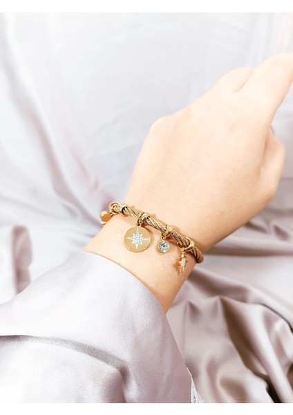 14K Altın Kaplama Çelik Charm Bileklik - Yıldız ve Taş Detaylı Zarif Tasarım