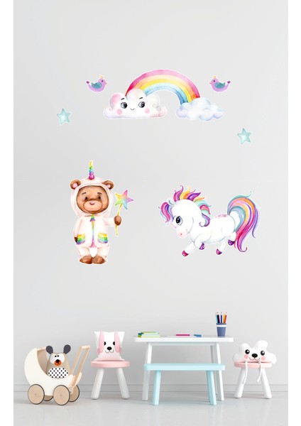 Bizerk Görsel Sevimli Unicorn ve Gökkuşağı Çocuk Odası Kreş Anaokulu Duvar Yapışkanı Sticker