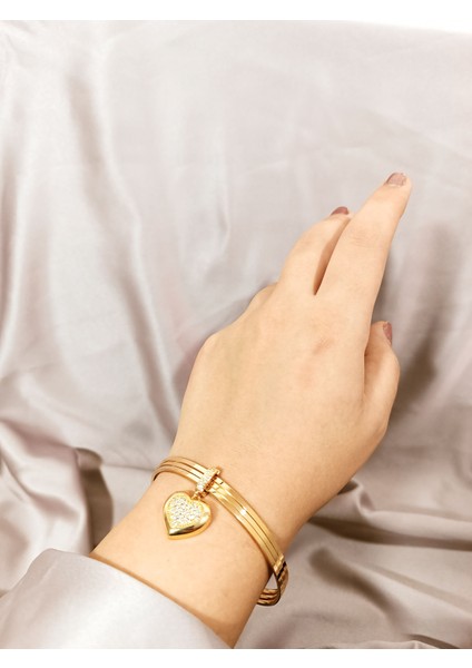 14K Altın Kaplama Çelik Bileklik – Kalp Detaylı Şık Tasarım
