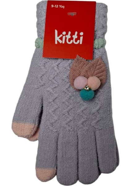 Spteks Kitti 9-12 Yaş Kız Çocuk Garson Lila Renk Yaprak ve Çiçek Figürlü Kışlık Örme Eldiven