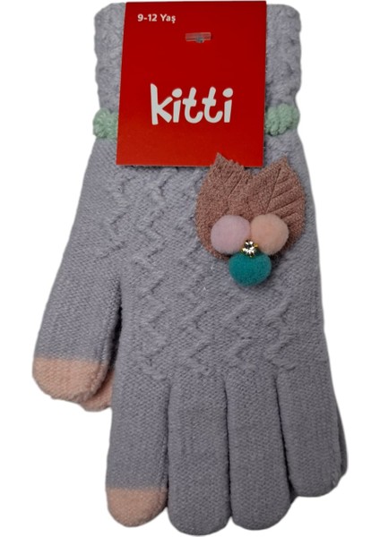 Spteks Kitti 9-12 Yaş Kız Çocuk Garson Lila Renk Yaprak ve Çiçek Figürlü Kışlık Örme Eldiven