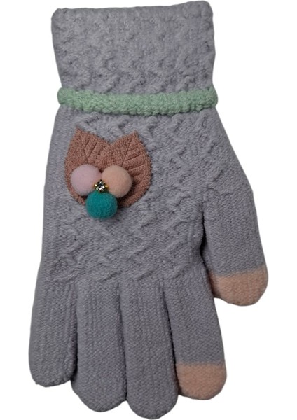 Spteks Kitti 9-12 Yaş Kız Çocuk Garson Lila Renk Yaprak ve Çiçek Figürlü Kışlık Örme Eldiven
