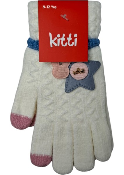 Spteks Kitti 9-12 Yaş Kız Çocuk Garson Krem Renk Tavşan ve Yıldız Figürlü Kışlık Örme Eldiven
