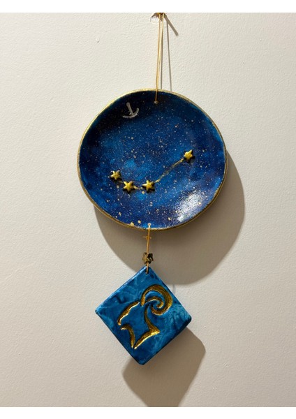 Koç Burcu Yıldız Haritalı Tabak - Pirinç Yıldız Süslü Koç Armalı Duvar Süsü - Kutusunda