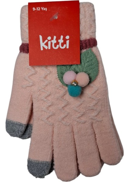 Spteks Kitti 9-12 Yaş Kız Çocuk Garson Açık Pembe Yaprak ve Çiçek Figürlü Kışlık Örme Eldiven