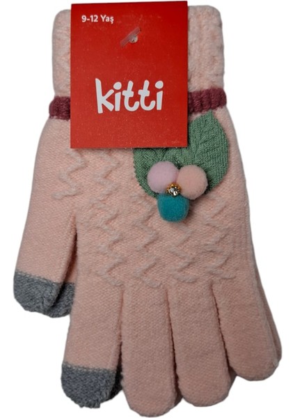 Spteks Kitti 9-12 Yaş Kız Çocuk Garson Açık Pembe Yaprak ve Çiçek Figürlü Kışlık Örme Eldiven