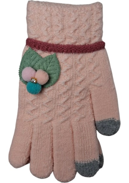 Spteks Kitti 9-12 Yaş Kız Çocuk Garson Açık Pembe Yaprak ve Çiçek Figürlü Kışlık Örme Eldiven