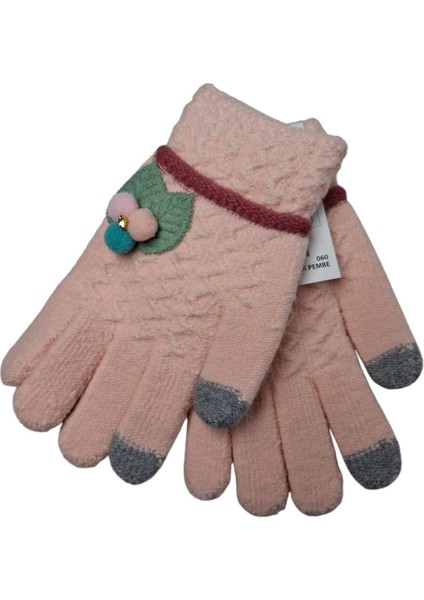 Spteks Kitti 9-12 Yaş Kız Çocuk Garson Açık Pembe Yaprak ve Çiçek Figürlü Kışlık Örme Eldiven
