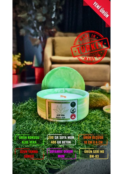 Aroma Terapi Geniş Kapaklı Model 200 gr Aloe Vera Kokulu Soya Wax Mum