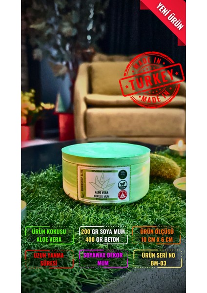 Aroma Terapi Geniş Kapaklı Model 200 gr Aloe Vera Kokulu Soya Wax Mum