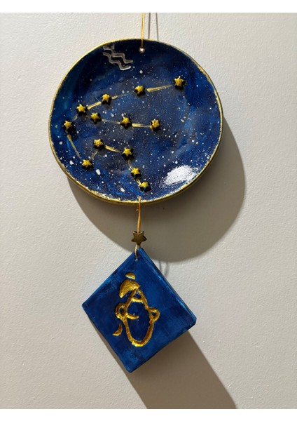 Kova Burcu Yıldız Haritalı Tabak - Pirinç Yıldızlı Kova Armalı Duvar Süsü - Kutusunda