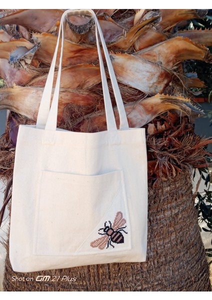 Ham Keten Etamin Arı Işlemeli Bez Omuz Çantası