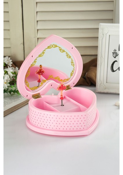 Müzik Kutusu Pembe Balerinli Aynalı Saklama Alanlı Makyaj Aynalı Ruj Saklama Kutusu