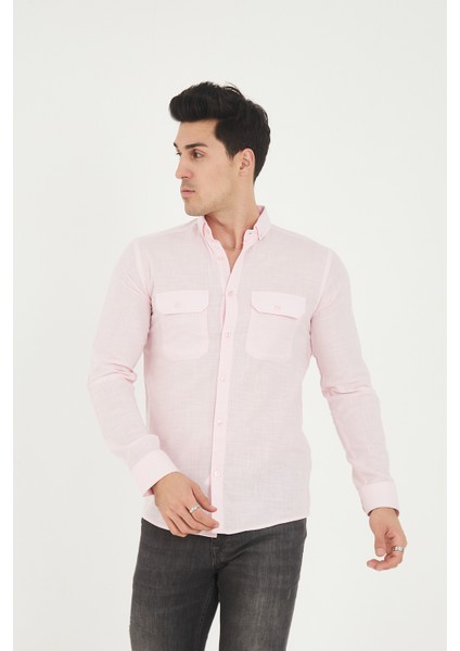 Jack Carısma Pamuk Keten Likralı-Esnek Kapaklı Çift Cep Erkek Gömlek