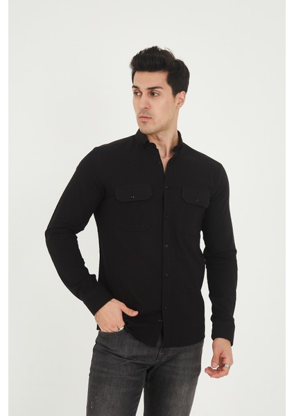 Jack Carısma Pamuk Keten Likralı-Esnek Kapaklı Çift Cep Erkek Gömlek