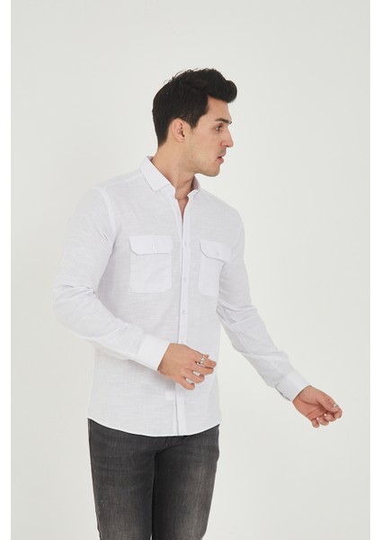 Jack Carısma Pamuk Keten Likralı-Esnek Kapaklı Çift Cep Erkek Gömlek