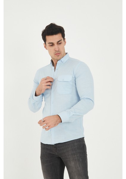 Jack Carısma Pamuk Keten Likralı-Esnek Kapaklı Çift Cep Erkek Gömlek