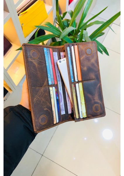 Santos Antik Taba Mıknatıslı Telefon Bölmeli Kişiye Özel Isim Baskılı El Geçmeli Dikey Cüzdan(Fermuar Bölmeli)