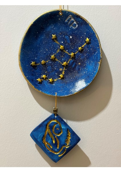 Başak Burcu Yıldız Haritalı Tabak - Pirinç Yıldızlı Başak Armalı Duvar Süsü - Kutusunda