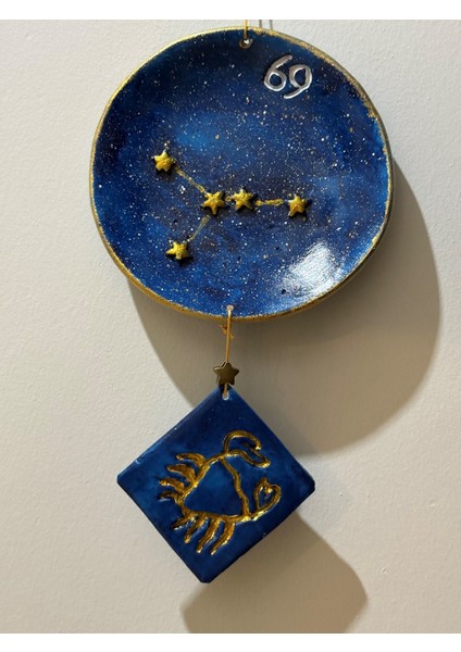 Yengeç Burcu Yıldız Haritalı Tabak - Pirinç Yıldızlı Yengeç Armalı Duvar Süsü