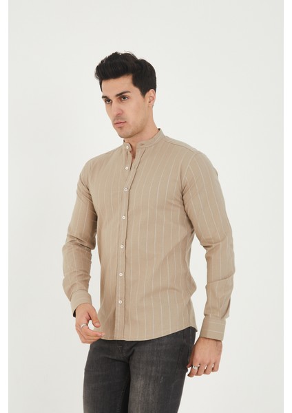Jack Carısma Hakim Yaka Çizgili Pamuk Keten Likralı Slim Fitgömlek