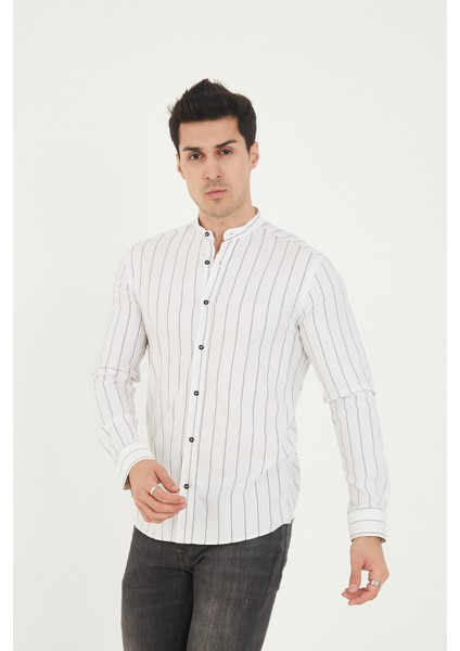Jack Carısma Hakim Yaka Çizgili Pamuk Keten Likralı Slim Fitgömlek