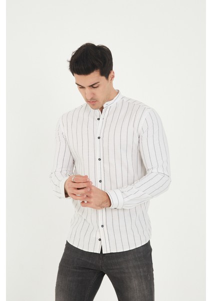 Jack Carısma Hakim Yaka Çizgili Pamuk Keten Likralı Slim Fitgömlek fırsatları