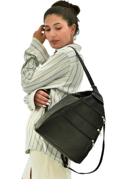 Kadın Siyah Deri Bol Göz Sırt ve Omuz Çantası tul164