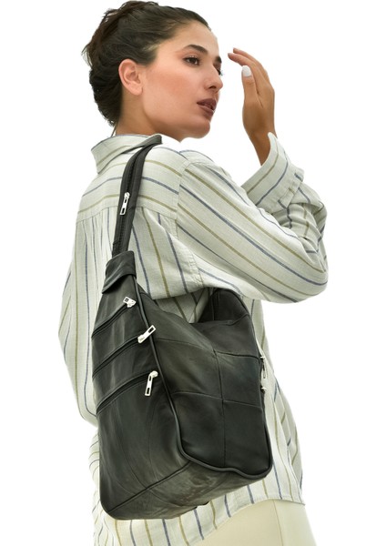 Kadın Siyah Deri Bol Göz Sırt ve Omuz Çantası tul164 modelleri