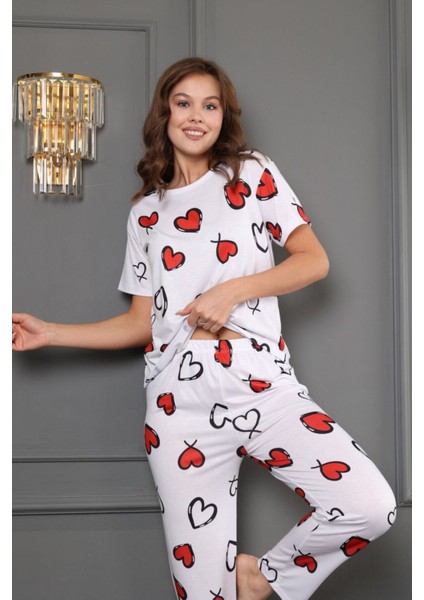 % 100 Bambu Desenli Pijama Takımı Geniş Kalıp