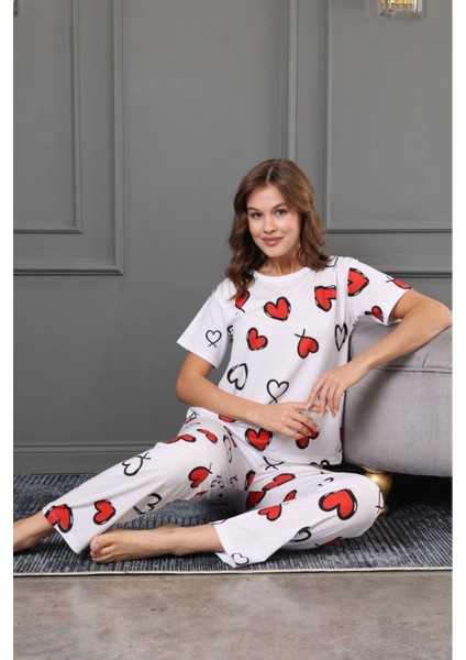 % 100 Bambu Desenli Pijama Takımı Geniş Kalıp