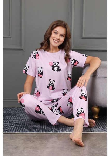 % 100 Bambu Desenli Pijama Takımı Geniş Kalıp