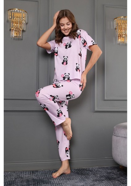 % 100 Bambu Desenli Pijama Takımı Geniş Kalıp