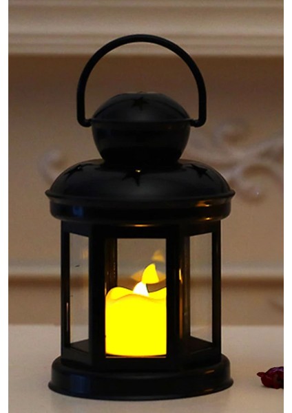 Kamp Için Iç Dış Mekan Dekoratif Ev Tipi Askı Aparatlı Plastik Pilli Mum Işık Ledli Siyah