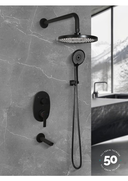 Siyah Ankastre Duş Seti 3 Yönlü Soft Touch - Full Set - Flora 5 Yıl Garantili