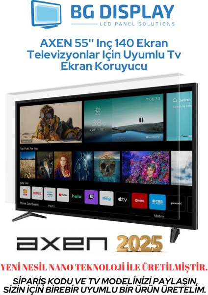 Axen 55'' Inç 140 Ekran Televizyonlar Için Uyumlu Tv Ekran Koruyucu