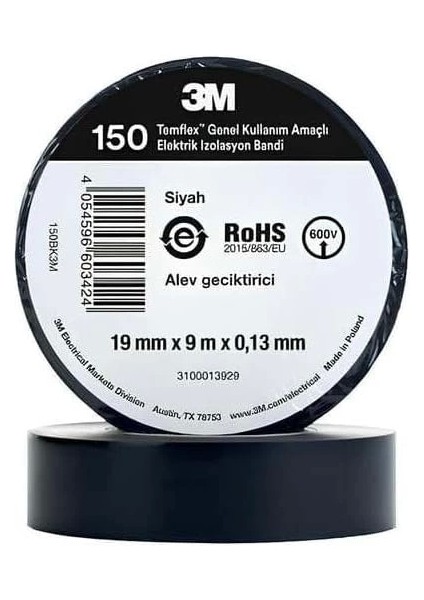 Temflex Elektrik İzolasyon Bandı Siyah (0,13 mm x 19 mm x 9 Metre)