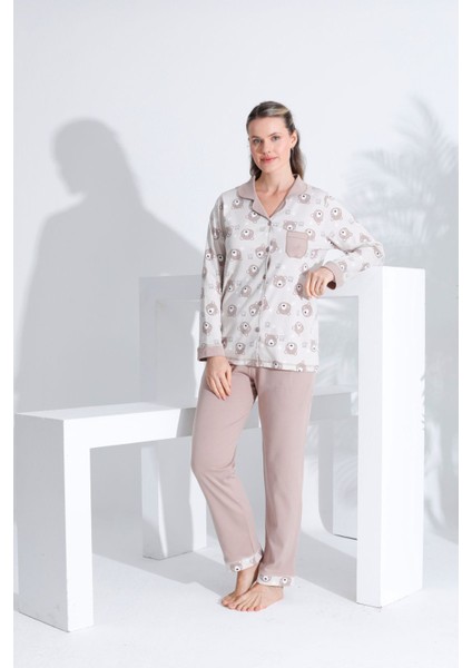 Pamuklu Önden Düğmeli Uzun Kol Kadın Pijama Takımı Açık Kahve