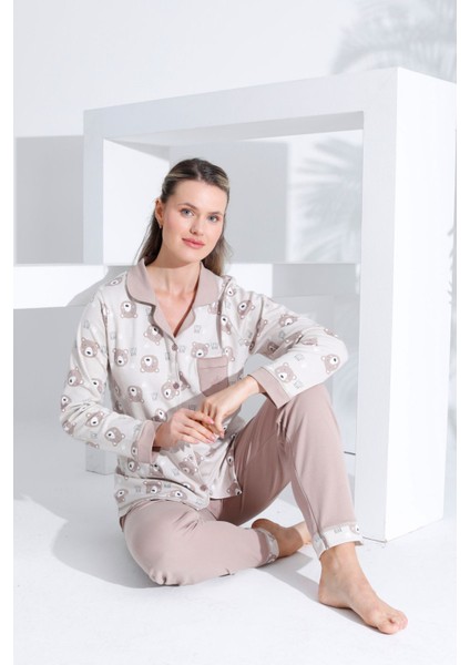 Pamuklu Önden Düğmeli Uzun Kol Kadın Pijama Takımı Açık Kahve