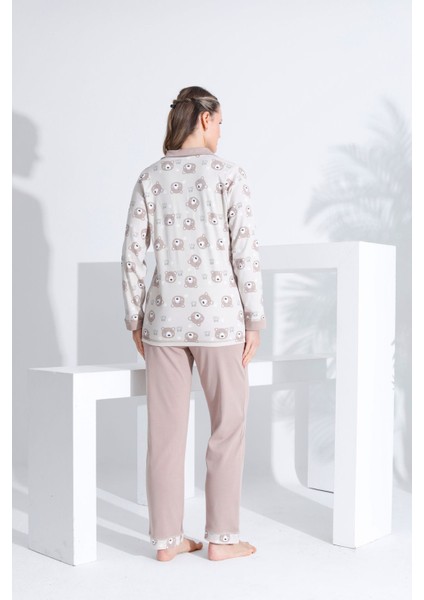 Pamuklu Önden Düğmeli Uzun Kol Kadın Pijama Takımı Açık Kahve