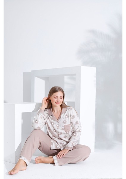 Pamuklu Önden Düğmeli Uzun Kol Kadın Pijama Takımı Açık Kahve