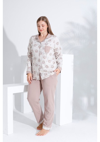 Pamuklu Önden Düğmeli Uzun Kol Kadın Pijama Takımı Açık Kahve