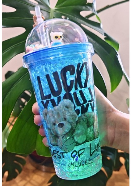 Lucky Ayıcık Suluk Pipetli Buzlu Cam Görünümlü LED Işıklı 450 ml Çift Katman Mika 2768 Mavi