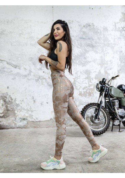 Bakır Varaklı Kendinden Desenli Deri Görünümlü Kumaş Spor Tayt modelleri