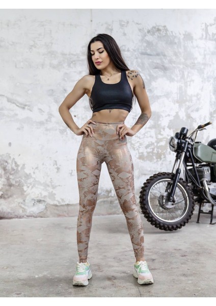 Bakır Varaklı Kendinden Desenli Deri Görünümlü Kumaş Spor Tayt fırsatları