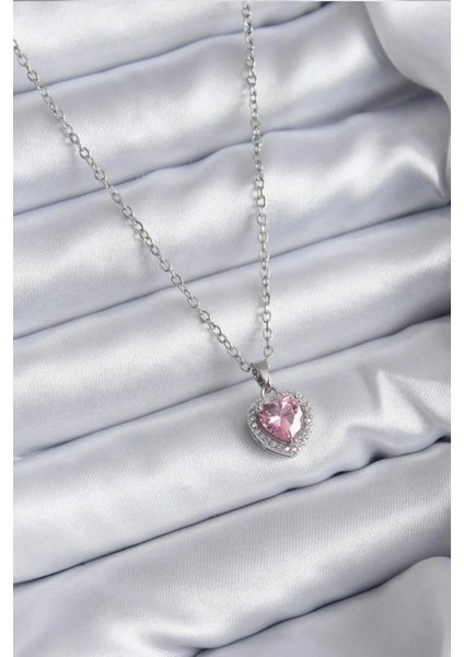 Pembe Taşlı Kalpli Çelik Kolye
