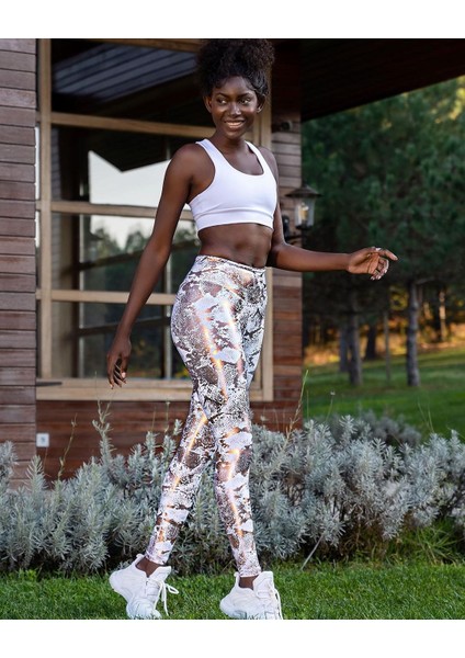 Altın Varaklı Kendinden Desenli Deri Görünümlü Kumaş Spor Tayt fırsatları